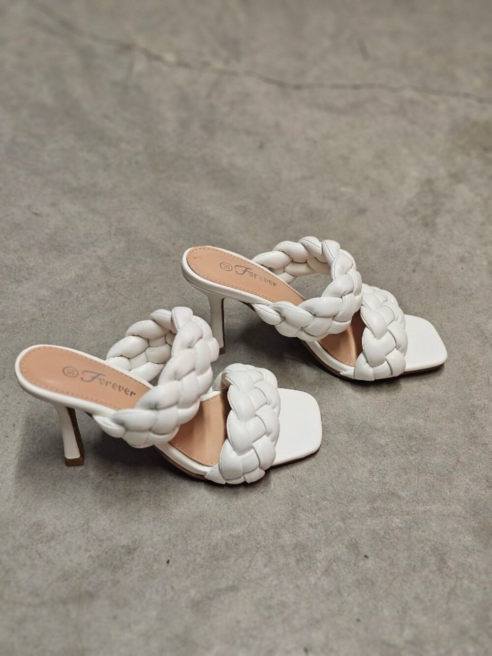 White Braided Heeled Sandals With Square Toe & Slip-On Style - Picture 10 of 12